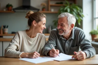 Couple assis à la cuisine écrivant une lettre