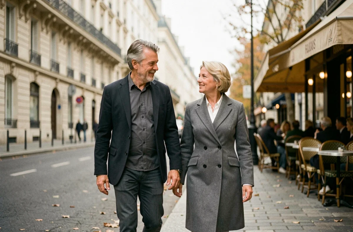 Couple élégant se promenant dans les rues de Paris, illustrant la vie discrète du mari d'une célèbre journaliste de France 2