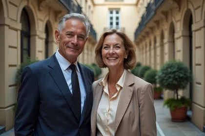 Couple élégant d'âge mûr dans une cour parisienne haussmannienne, illustrant la vie privée d'un homme politique français