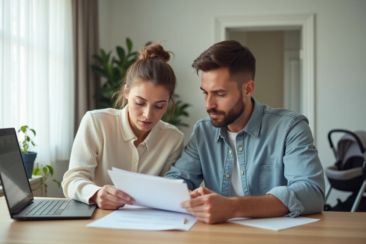 Couple de parents consultant ensemble les démarches administratives pour le renouvellement du congé parental à domicile