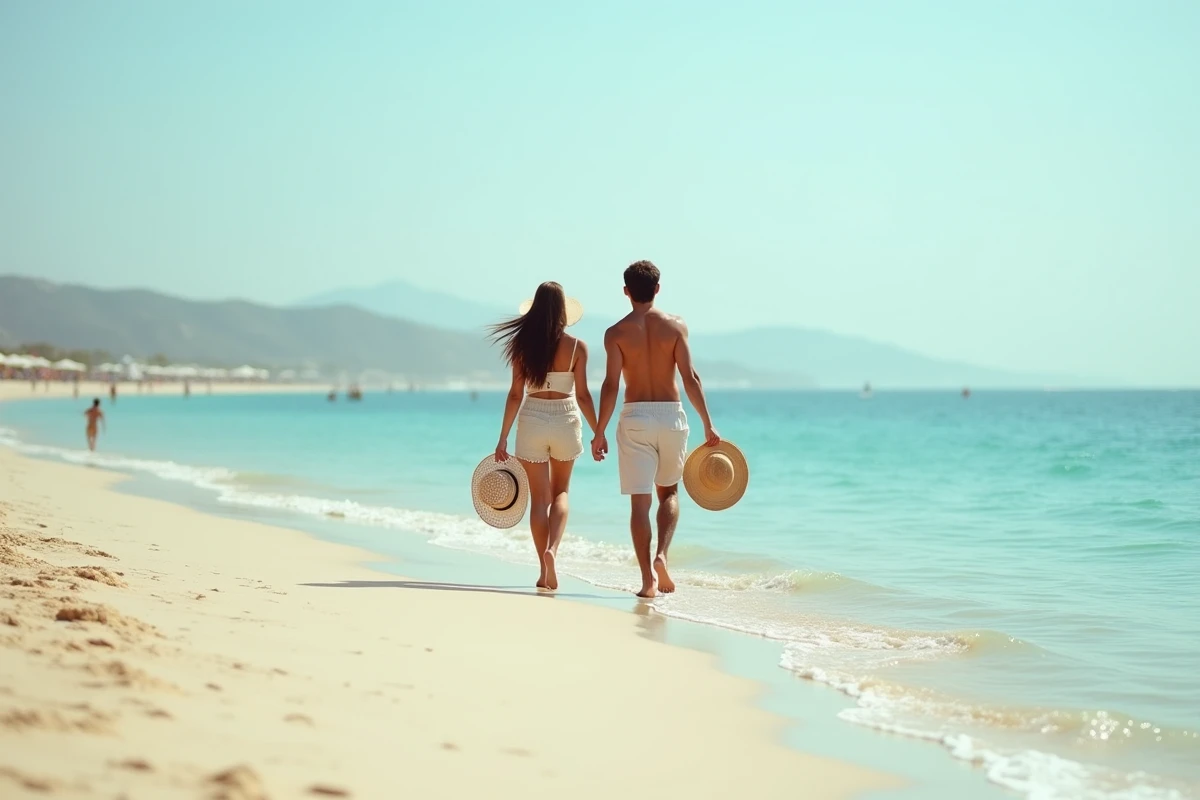 Couple marchant pieds nus sur une plage naturiste calme avec dunes et mer turquoise en arrière-plan