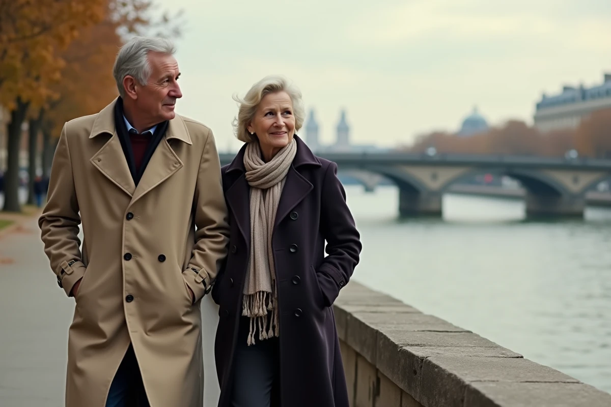 Couple de personnalités françaises se promenant sur les quais de Seine en automne, illustrant une vie privée discrète et élégante