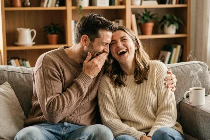 Couple en train de rire ensemble sur un canapé dans un salon chaleureux et cosy