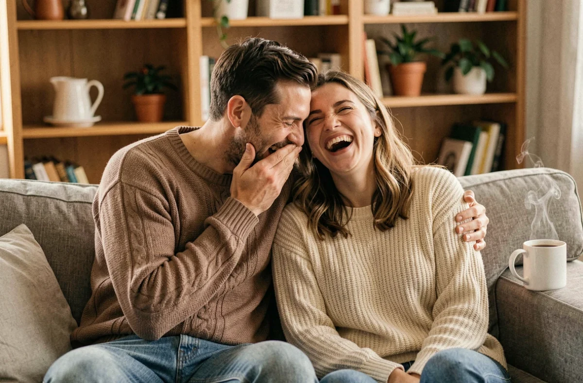 Couple en train de rire ensemble sur un canapé dans un salon chaleureux et cosy