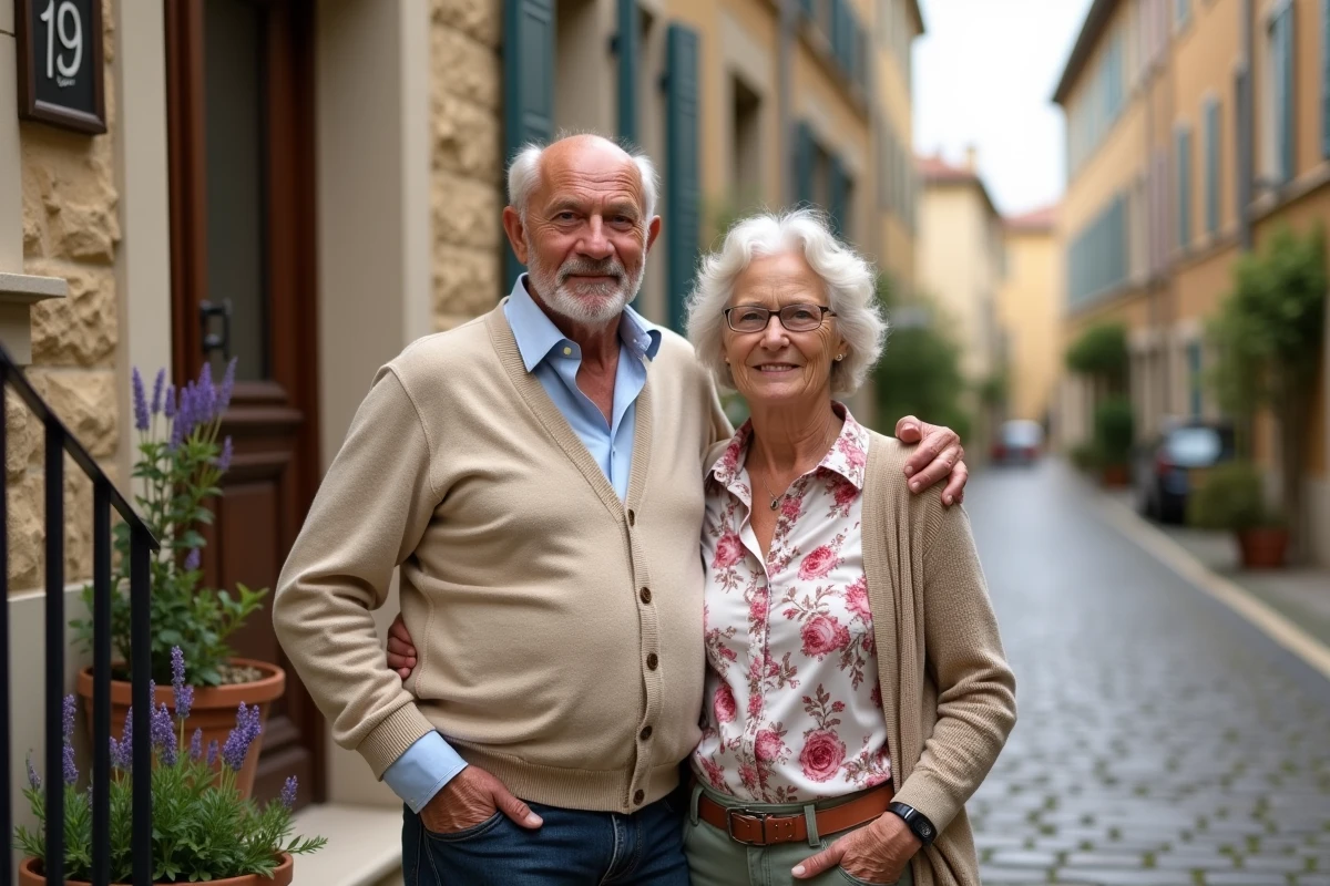 Couple de retraités français devant une maison en pierre du sud de la France, symbolisant les racines familiales et les origines provinciales d'une personnalité politique