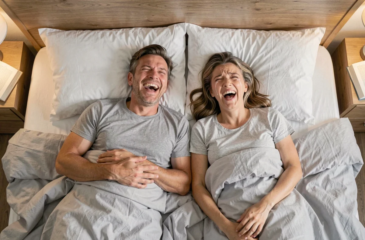 Vue aérienne d'un couple allongé sur un lit riant aux éclats un dimanche matin