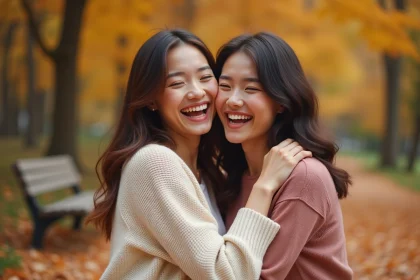 Deux cousines souriantes qui s'embrassent chaleureusement dans un parc en automne, partageant un moment de complicité familiale
