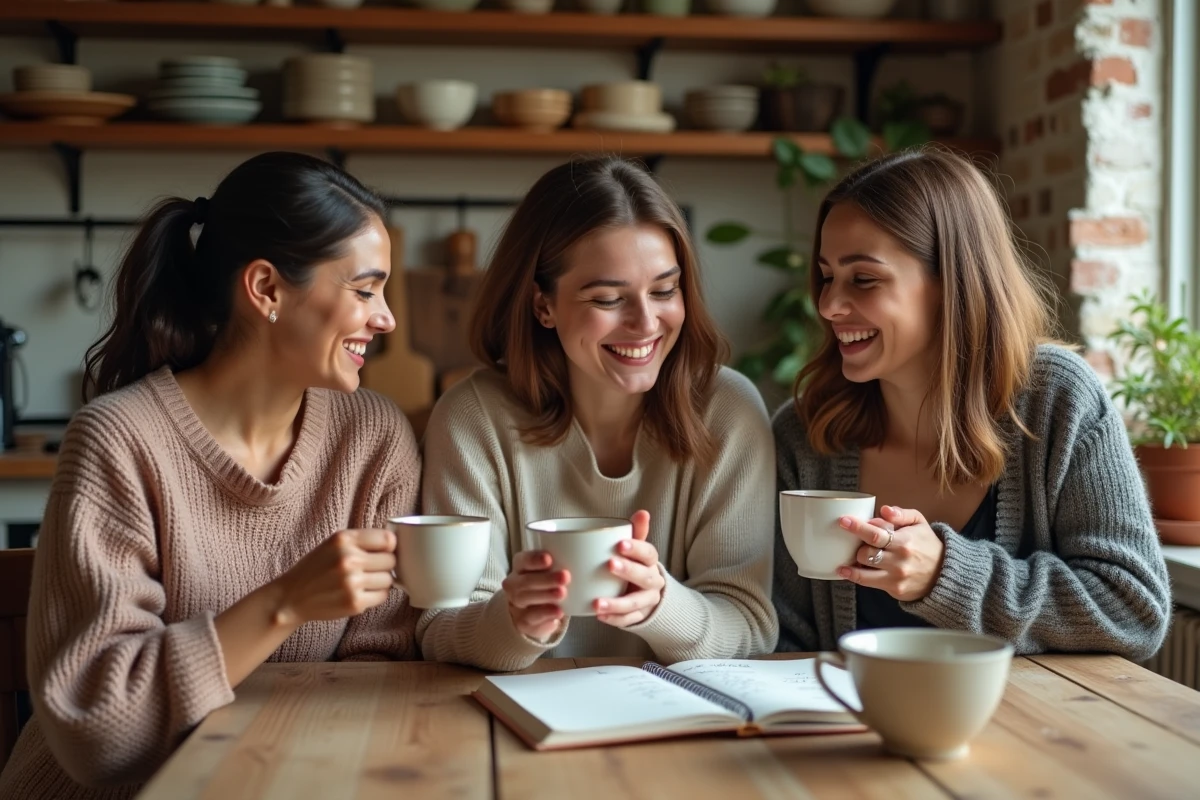 Trois cousines réunies autour d'une table en bois dans une cuisine rustique, partageant un café et un carnet de messages affectueux en famille