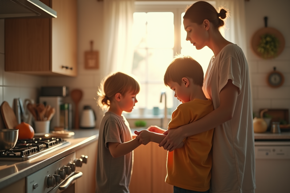 Parent frustré dans la cuisine avec enfant exigeant attention
