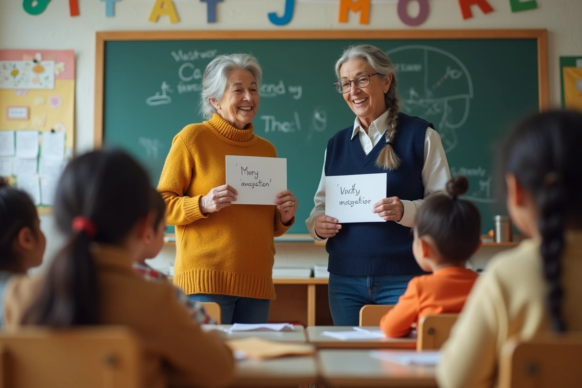 Deux grands-mères animant un atelier de poésie devant des enfants de maternelle tenant des cartes illustrées