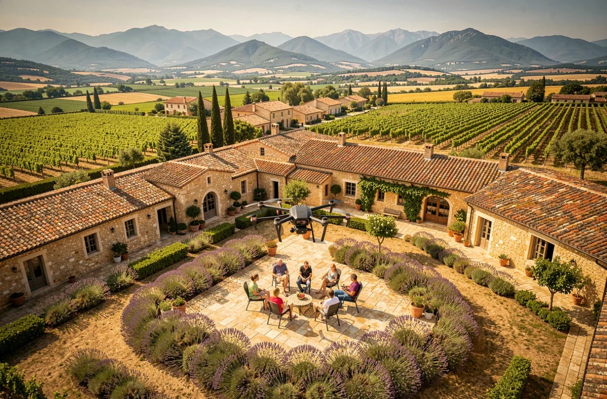Vue aérienne par drone d'une famille réunie sur la terrasse d'une propriété provençale entourée de vignes et lavande