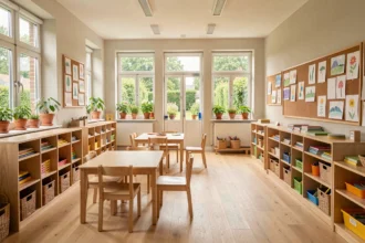 Salle de classe Montessori lumineuse en Normandie avec mobilier en bois, matériaux pédagogiques colorés et plantes vertes sur les rebords de fenêtres