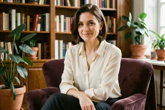 Élodie Huchard souriante et élégante dans un salon parisien, évoquant sa vie de mère discrète