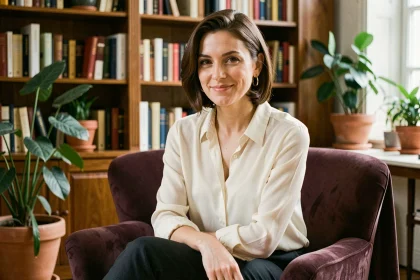 Élodie Huchard souriante et élégante dans un salon parisien, évoquant sa vie de mère discrète