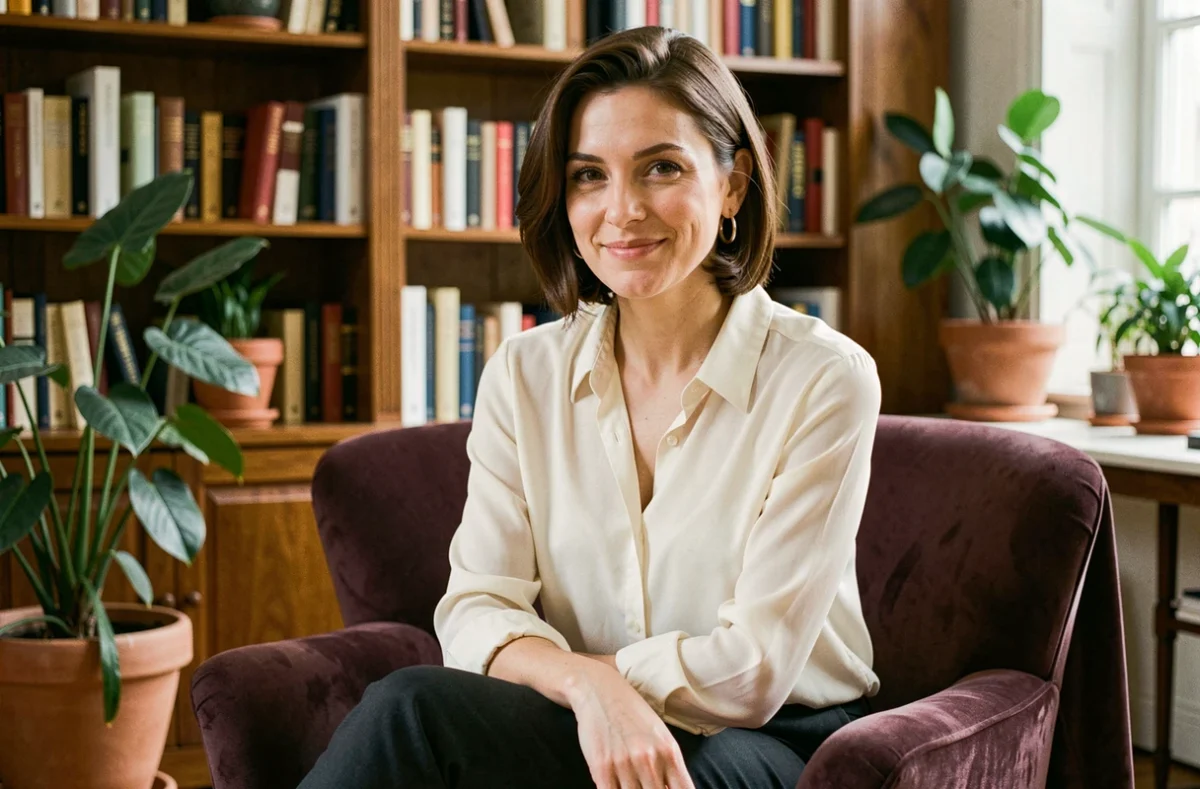 Élodie Huchard souriante et élégante dans un salon parisien, évoquant sa vie de mère discrète