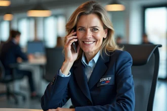 Employée SNCF en uniforme téléphonant à l'Agence Paie et Famille depuis son bureau