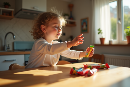 Enfant atteignant une barre de bonbons colorée avec un parent