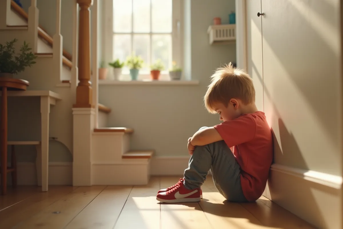 Enfant frustré assis seul en bas de l