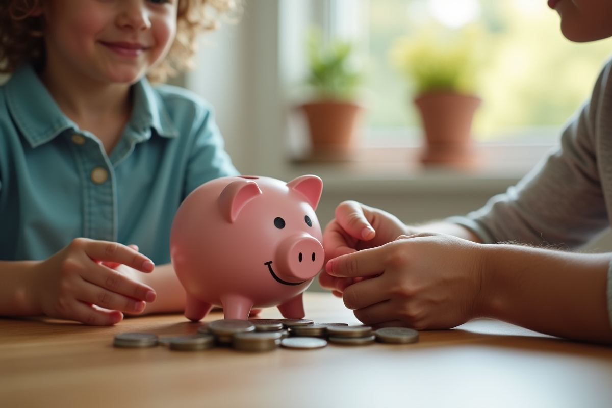 Jeune enfant comptant des pièces avec un parent à la maison