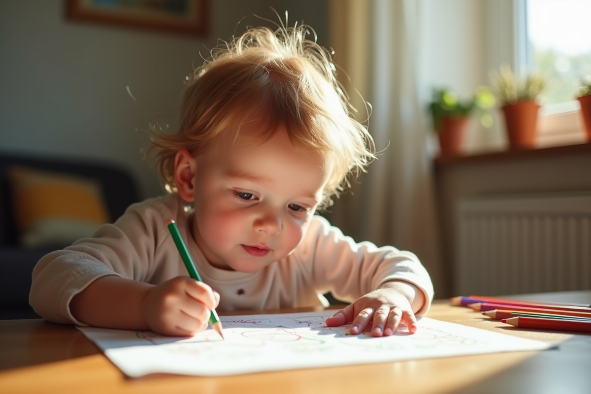 Bébé de 21 mois dessinant avec des crayons colorés sur une table en bois dans un salon lumineux