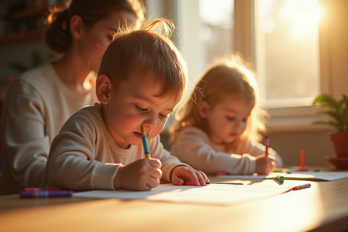 Enfant dessinant paisiblement avec des crayons à la lumière du jour
