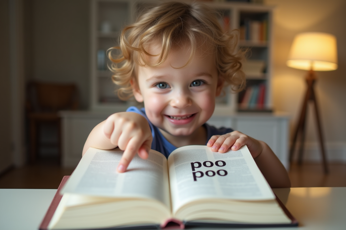 Enfant souriant pointant un dictionnaire avec le mot poo poo visible
