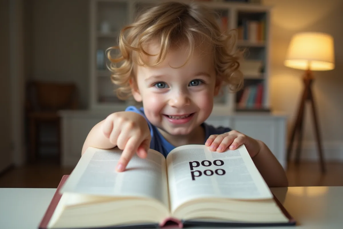 Enfant souriant pointant un dictionnaire avec le mot poo poo visible