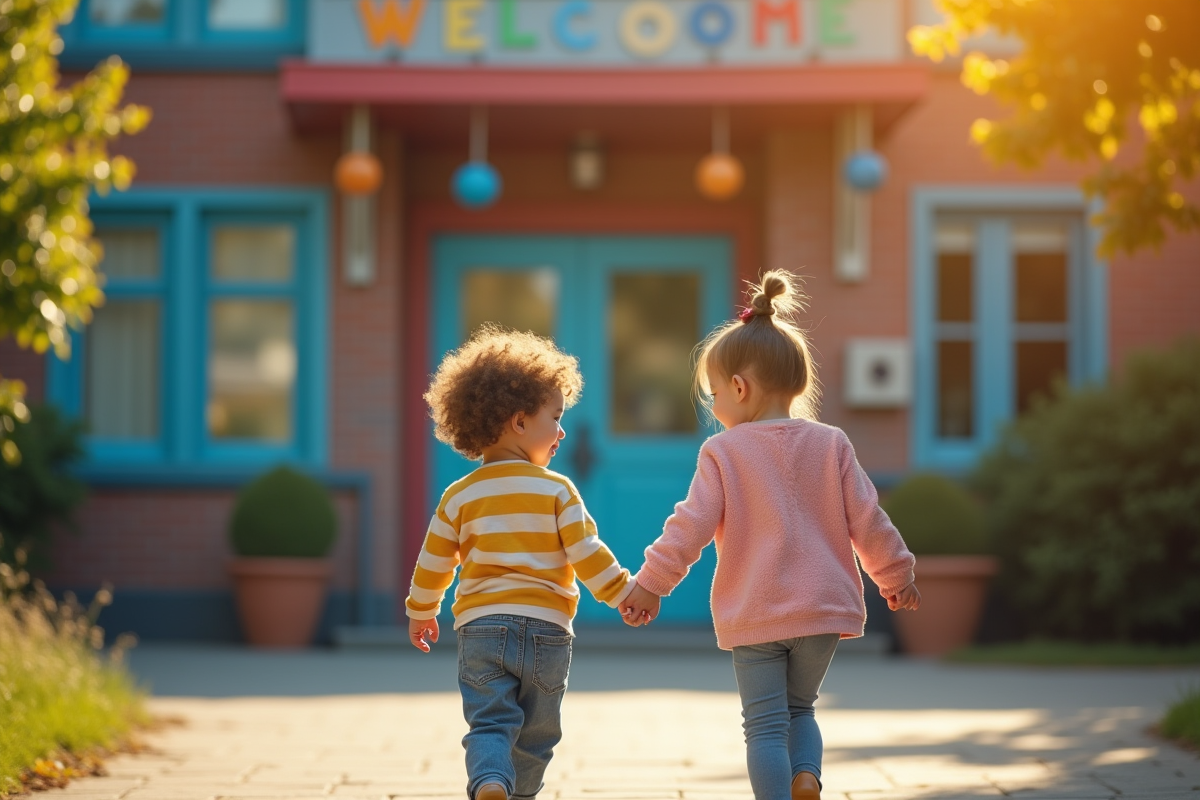 Enfant souriant avec parent devant école colorée