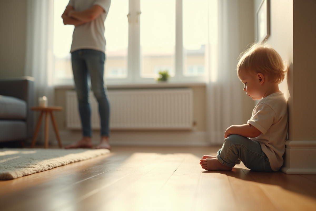 Jeune enfant seul dans un salon lumineux avec une expression inquiète
