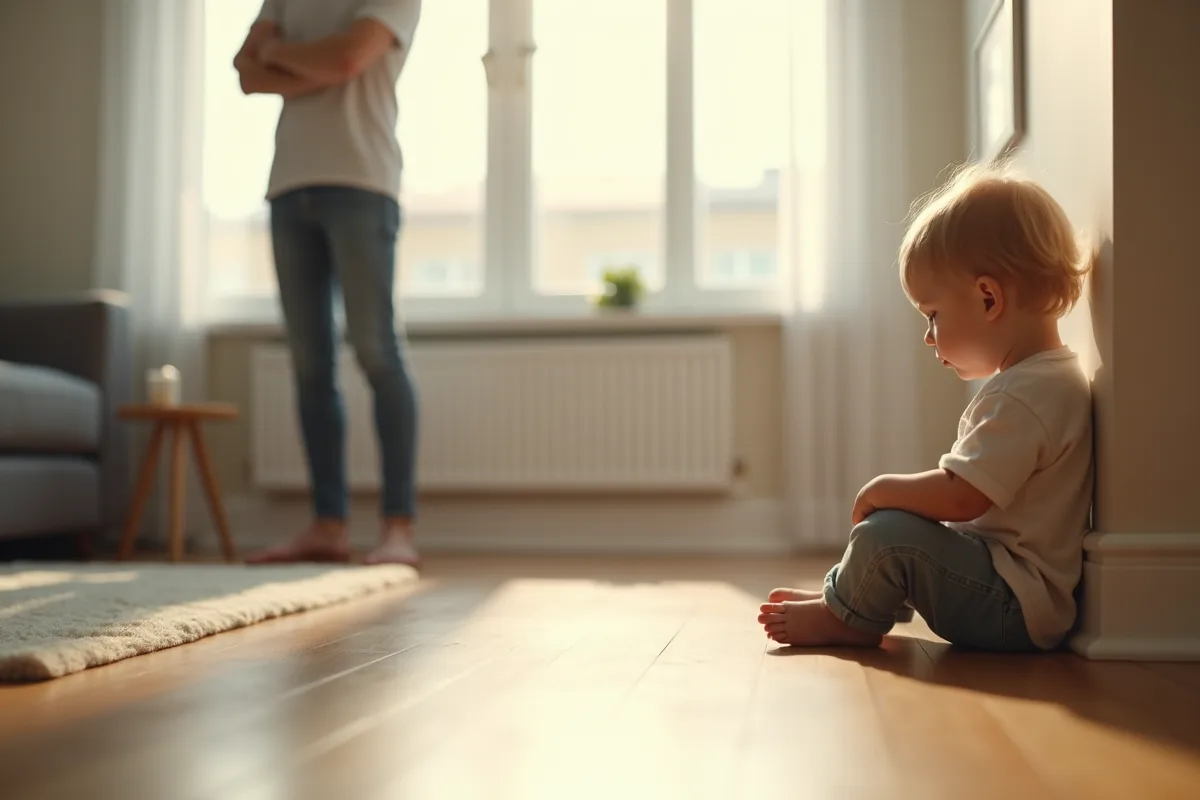 Jeune enfant seul dans un salon lumineux avec une expression inquiète