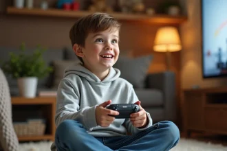 Jeune garçon jouant à la PS5 avec une manette DualSense dans un salon familial confortable