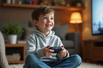 Jeune garçon jouant à la PS5 avec une manette DualSense dans un salon familial confortable