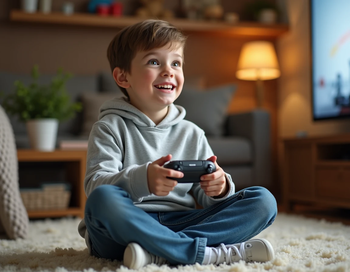 Jeune garçon jouant à la PS5 avec une manette DualSense dans un salon familial confortable