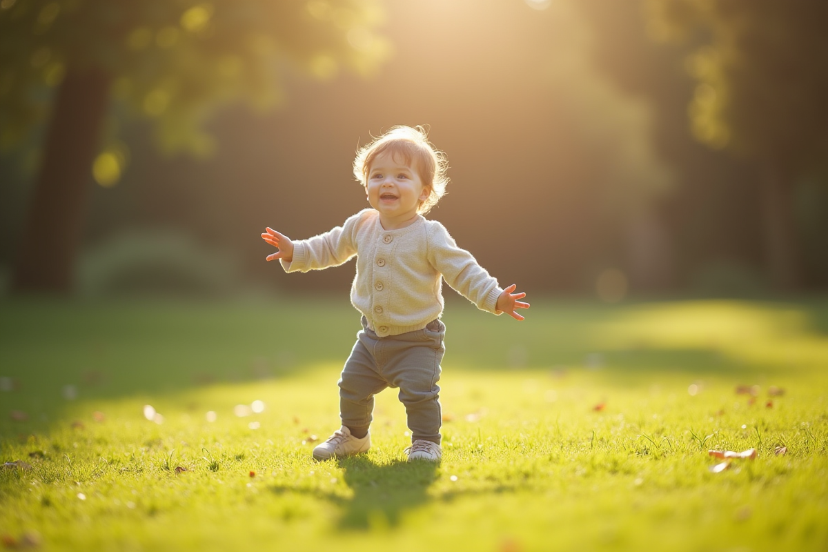 Bébé de 21 mois marchant seul dans un parc en herbe avec un sourire joyeux