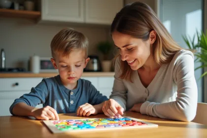 Jeune garçon et mère jouent à un puzzle dans la cuisine
