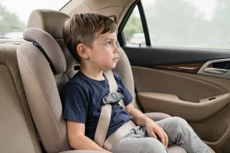 Jeune garçon d'environ 6 ans assis dans un réhausseur auto avec ceinture trois points correctement ajustée, vue intérieure d'une voiture familiale