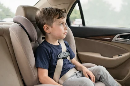Jeune garçon d'environ 6 ans assis dans un réhausseur auto avec ceinture trois points correctement ajustée, vue intérieure d'une voiture familiale