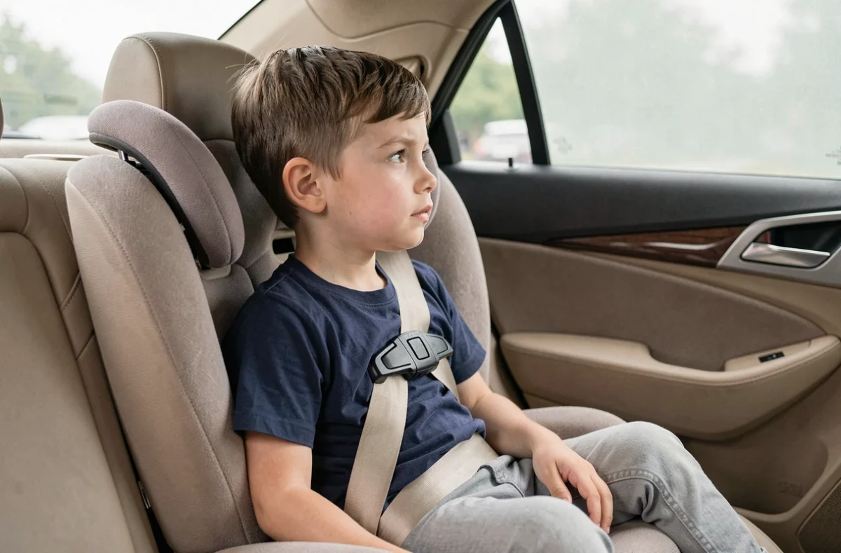 Jeune garçon d'environ 6 ans assis dans un réhausseur auto avec ceinture trois points correctement ajustée, vue intérieure d'une voiture familiale