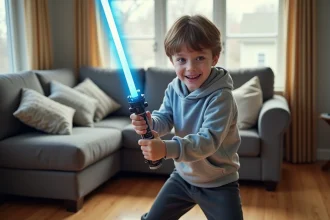 Enfant jouant avec un sabre laser jouet évolutif à manche modulable dans un salon