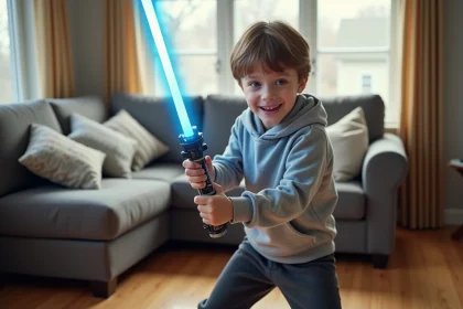 Enfant jouant avec un sabre laser jouet évolutif à manche modulable dans un salon
