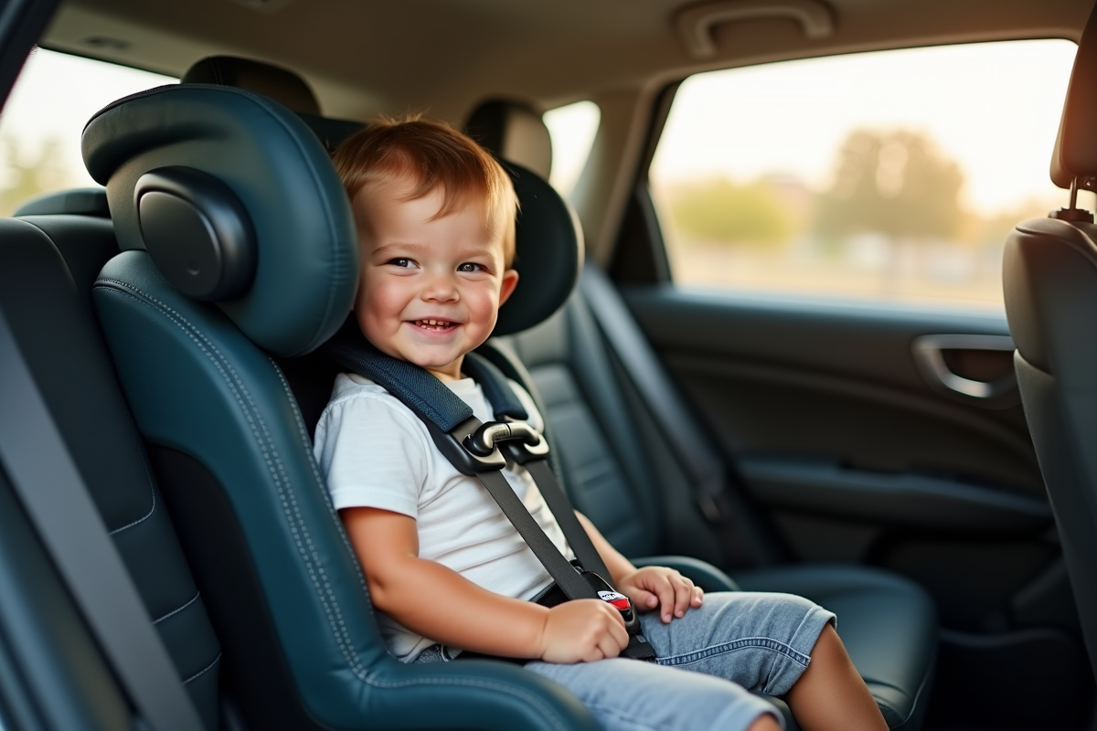 Jeune enfant assis en toute securite dans un siege auto