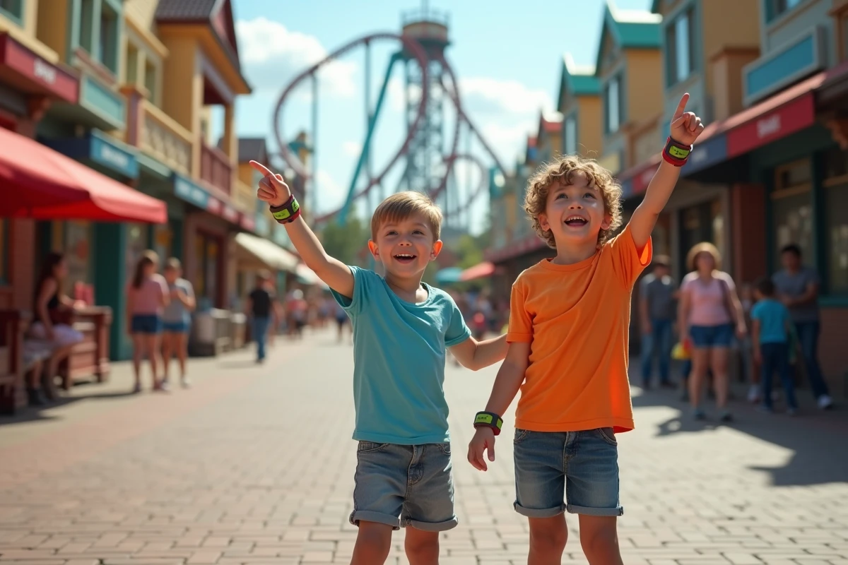 Deux enfants enthousiastes pointant une attraction de montagne russe lors d'une journée en famille à Walibi Rhône-Alpes