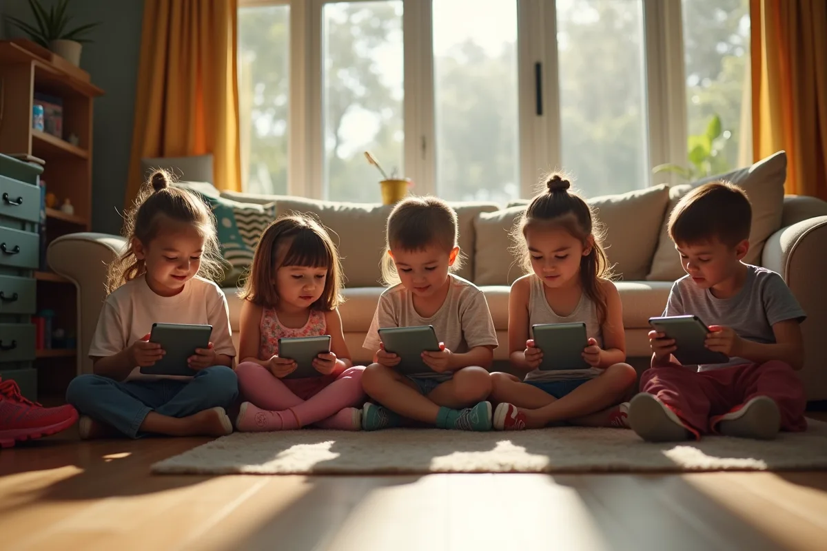 Enfants concentrés sur tablettes dans un salon lumineux