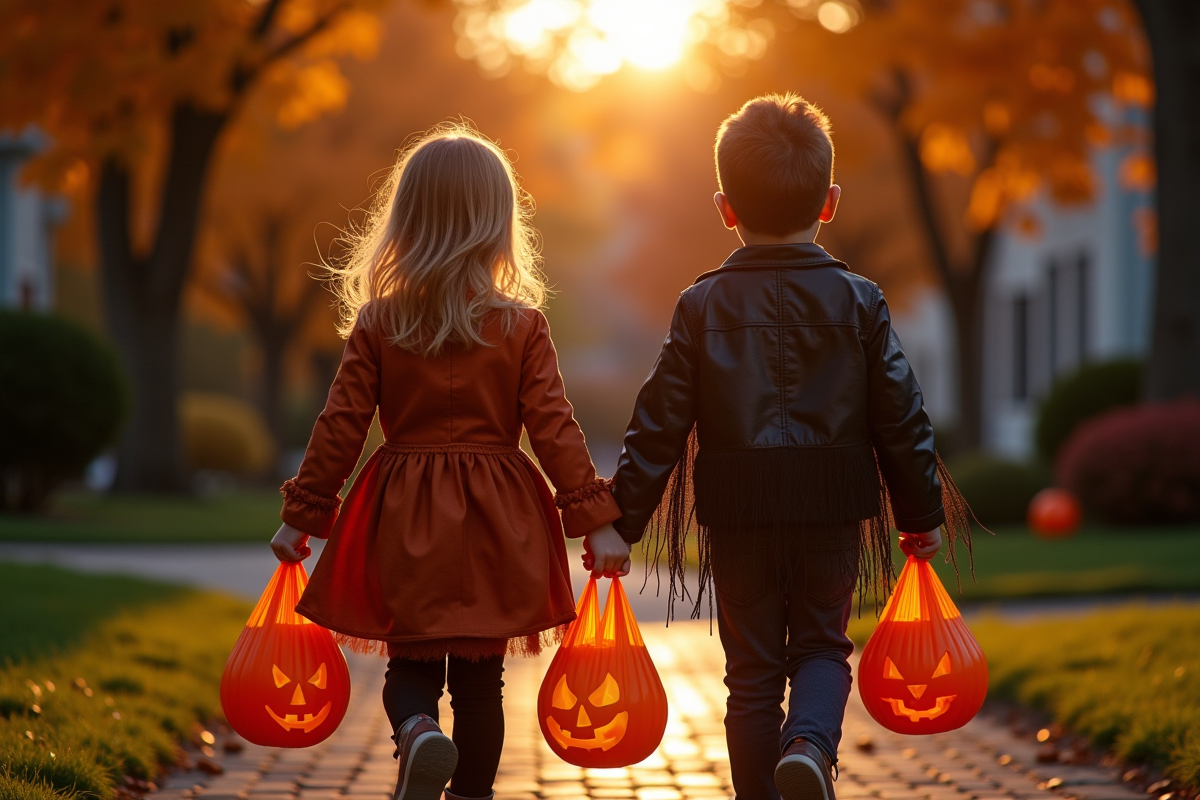 Enfants déguisés Halloween marchant dans un quartier résidentiel