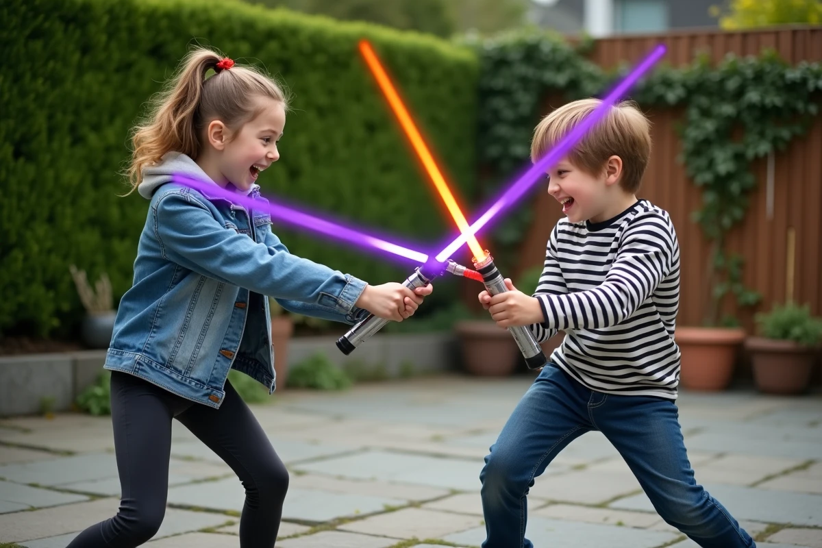 Deux enfants jouant avec des sabres laser jouets évolutifs dans un jardin lors d'un duel amical