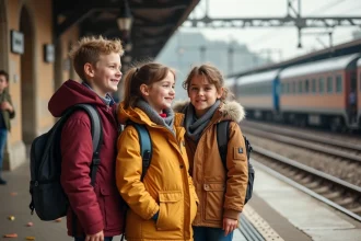 Trois enfants français en automne sur le quai de train