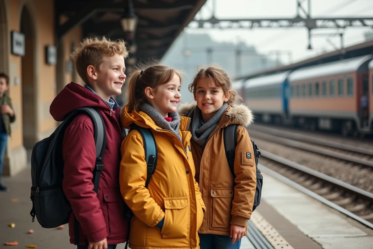Trois enfants français en automne sur le quai de train