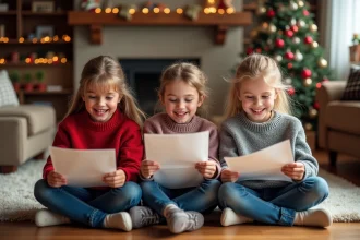 Trois enfants lisent leurs lettres colorées pour Santa
