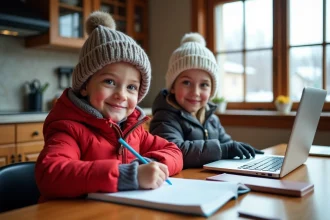 Deux enfants étudient ensemble dans une cuisine chaleureuse au Canada