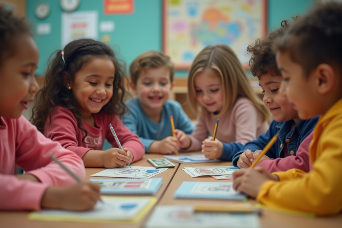 Enfants divers jouant à la marchande en classe avec de l